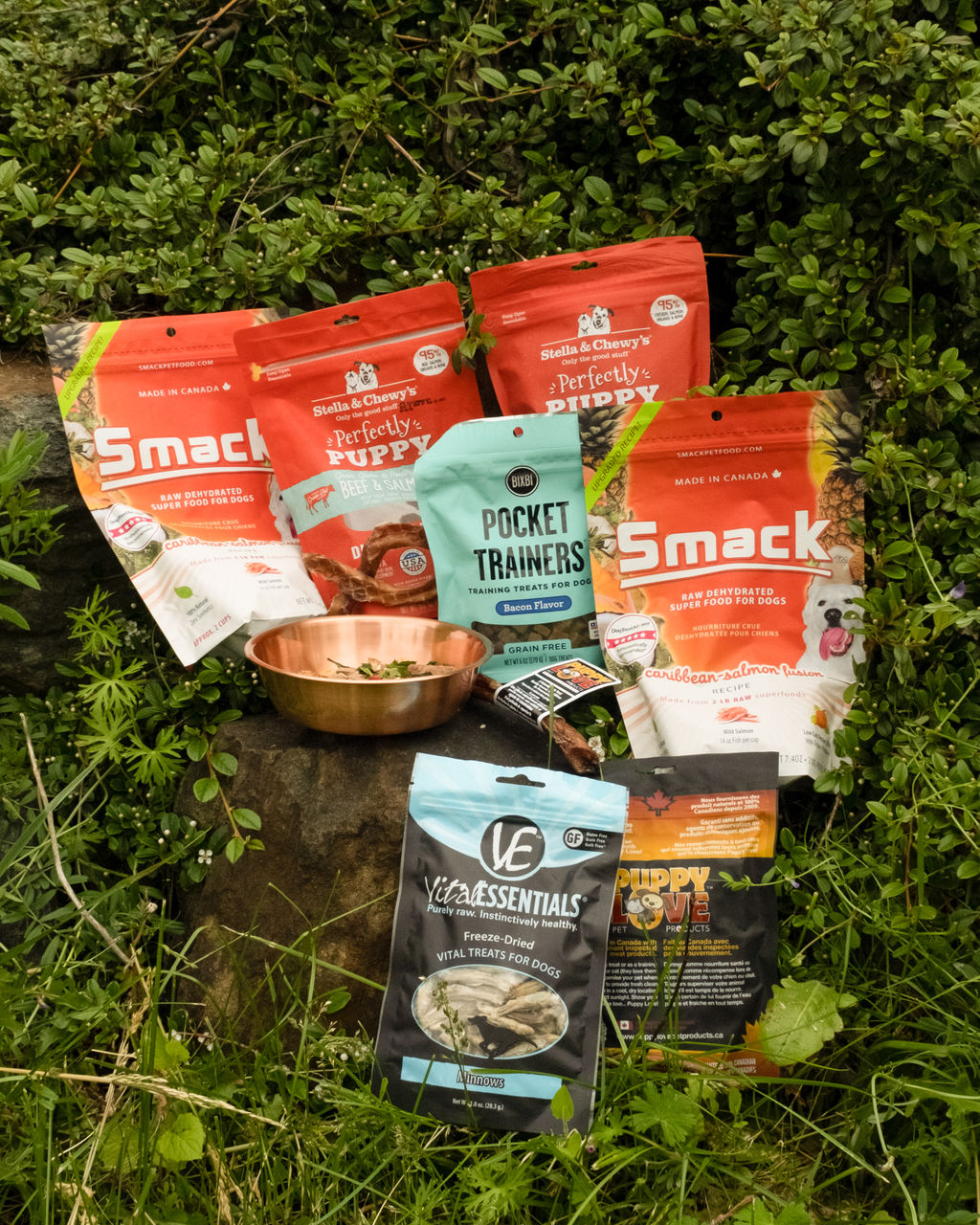 a variety of RAW food products displayed nicely on a rock with some vegetation surrounding it.