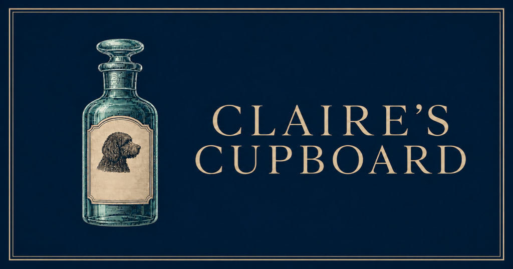 Image of dog on glass bottle for Claire's Cupboard which is canine supplements and advice