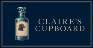 Image of dog on glass bottle for Claire's Cupboard which is canine supplements and advice