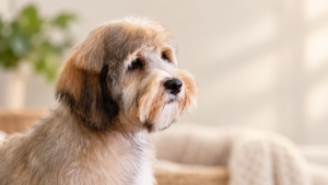 Light coloured Australian Labradoodle with sable pattern