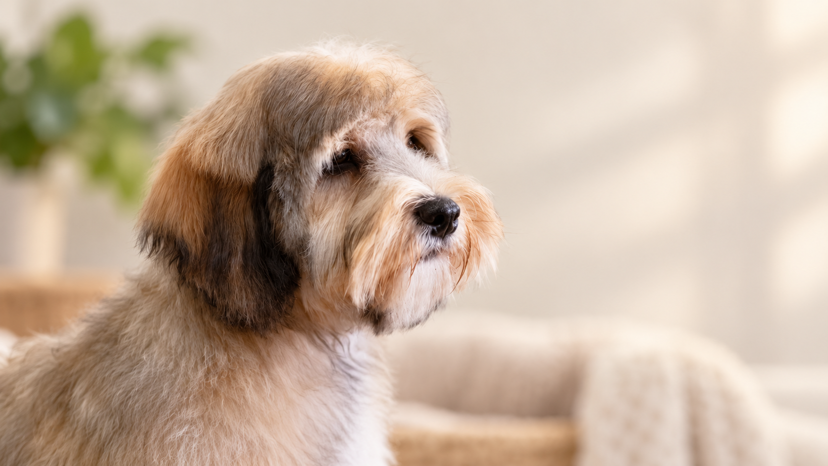 Light coloured Australian Labradoodle with sable pattern