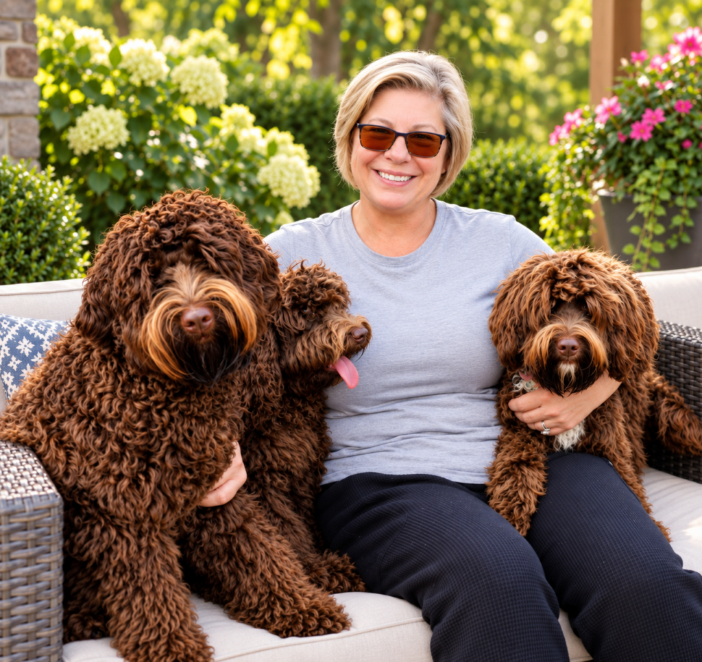 Woman with chocolate Australian Labradoodles