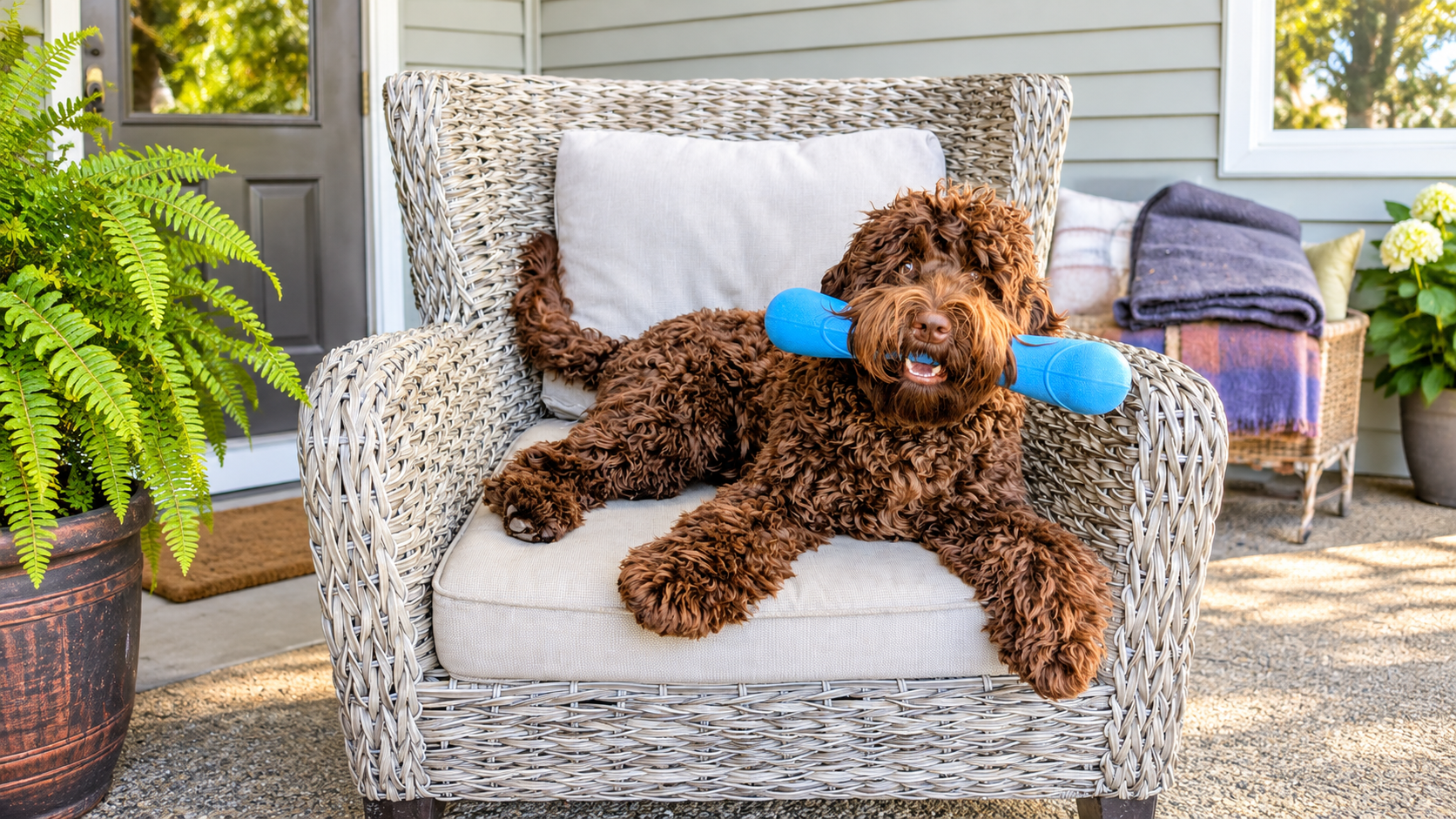 Chocolate Australian Labradoodle on a chair with a blue bone toy