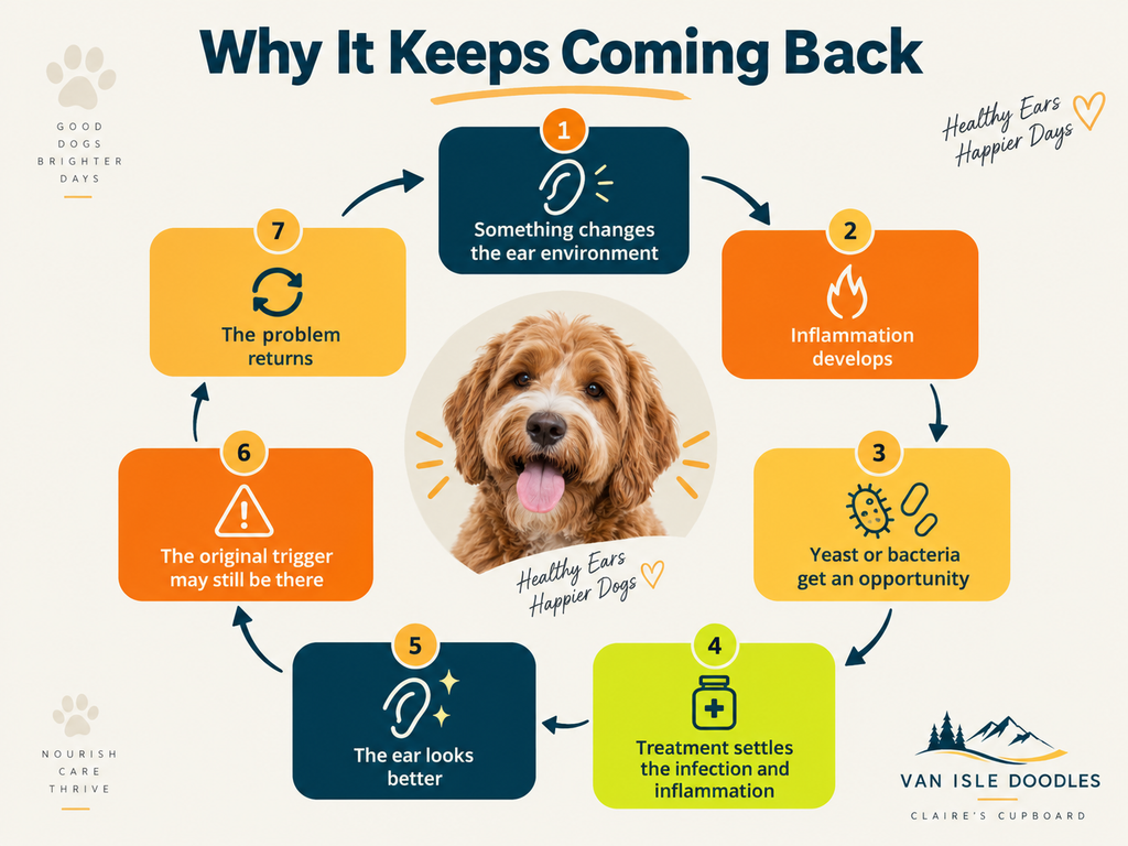 An infographic that shows the cycle of Australian Labradoodle ear infections and whey they continue to happen