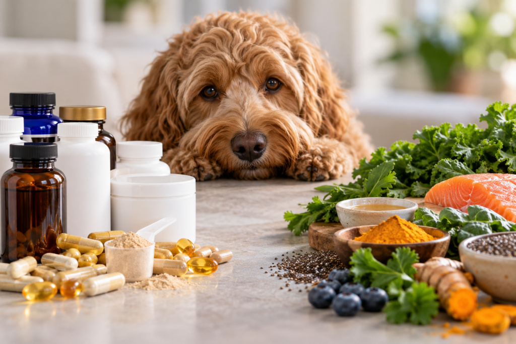 Australian Labradoodle resting behind supplement bottles and a selection of whole foods