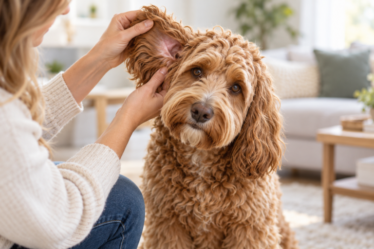 Person gently checking an Australian Labradoodle’s ear